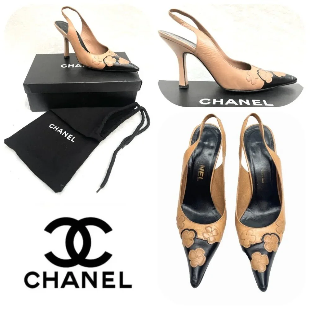 Rare! Auc CHANEL Two tone Flowers Slingback Heels IT 7,5 US 7,5